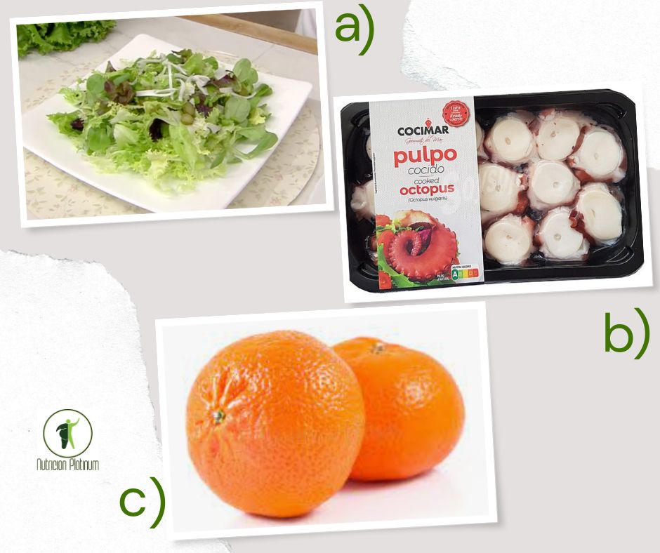 Ensalada de lechugas variadas y pepinillos con pulpo cocido y dos mandarinas.